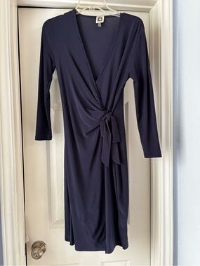 Anne Klein Size 2 Navy Blue Faux Wrap Dress 3/4 Sleeve Jersey V-Neck Tie Waist